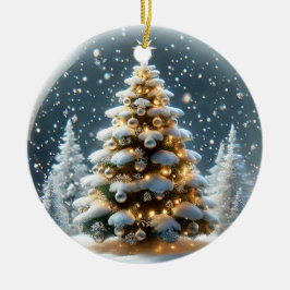 Sneeuwbol met kerstboom in de sneeuw keramisch ornament