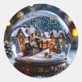 Sneeuwbol met oude trein en dorp ronde sticker