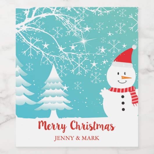 Sneeuwbomen en sneeuwman wijn etiket (Enkel label)