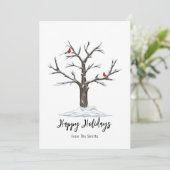 Sneeuwboom en rode vogels Kerstmis gelukkig Feestdagenkaart (Staand voorkant)