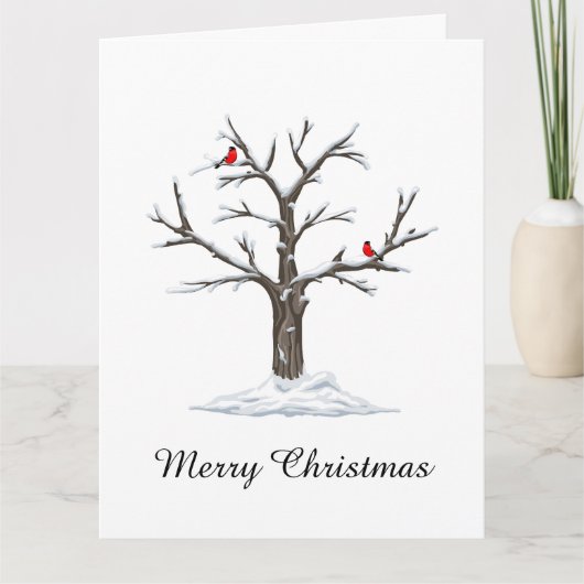 Sneeuwboom en rode vogels Vrolijk Kerstfeest Kaart (Voorkant)