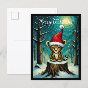 Sneeuwbos nacht Schattige Baby luipaard Feestdagenkaart