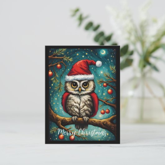 Sneeuwbos nacht Schattigee Uil Vrolijk Kerstfeest Feestdagenkaart (Staand voorkant)