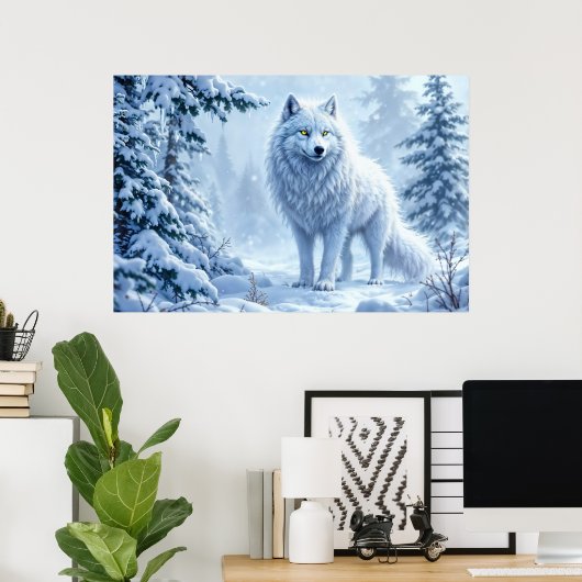 Sneeuwbos witte wolf ijspegels decor poster (Thuiskantoor)