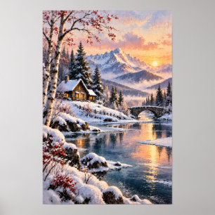 Sneeuwcabine en stenen brug Zonsondergang Muur Poster