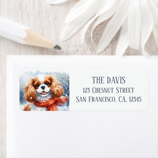 Sneeuwdag Cavalier King Charles met een sjaal Etiket (Insitu)