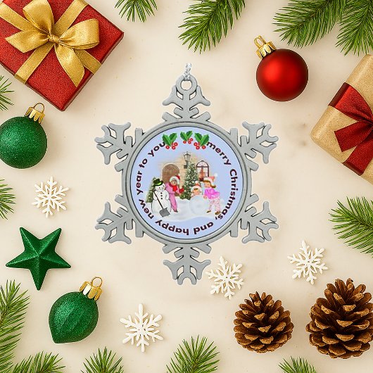  Sneeuwdag Kinder Roze Outdoor Kerstscène Tin Sneeuwvlok Ornament