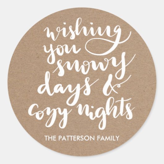 Sneeuwdagen Gezellige Nachten Script Rustieke Kraf Ronde Sticker (Voorkant)