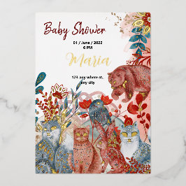 Sneeuwdieren vos bloemen voor babyshower goud foli folie uitnodiging