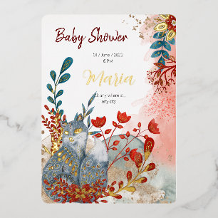 Sneeuwdieren vos bloemen voor babyshower goud foli folie uitnodiging