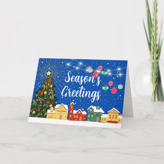 Sneeuwdorp en gedecorbeerde boom feestdagen kaart (Voorkant)