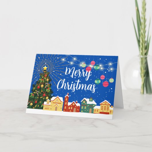 Sneeuwdorp met fijne kerst en gedecorreerde bomen feestdagen kaart (Voorkant)