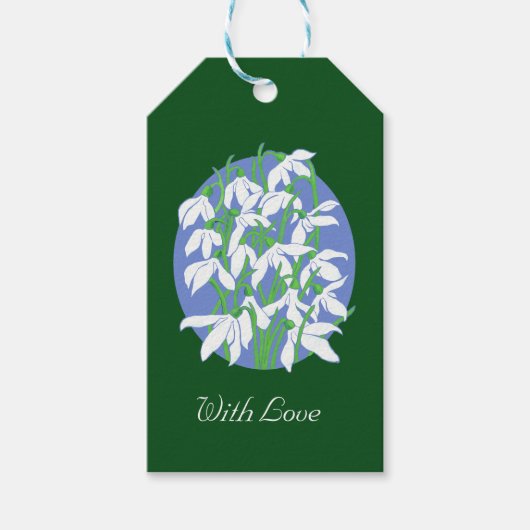 Sneeuwdruppels op zachte blauwe ovale achtergrond  cadeaulabel (Voorkant)