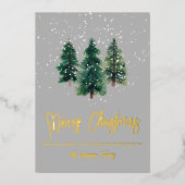 Sneeuwelegante groene waterverf kerstbomen folie feestdagenkaart (Voorkant)