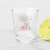 Sneeuwende kerstboom met rode auto's en cadeautjes shot glas (Achterkant)