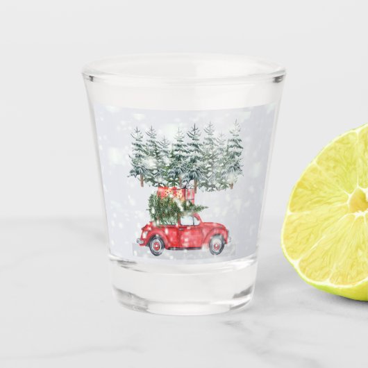 Sneeuwende kerstboom met rode auto's en cadeautjes shot glas (Voorkant)