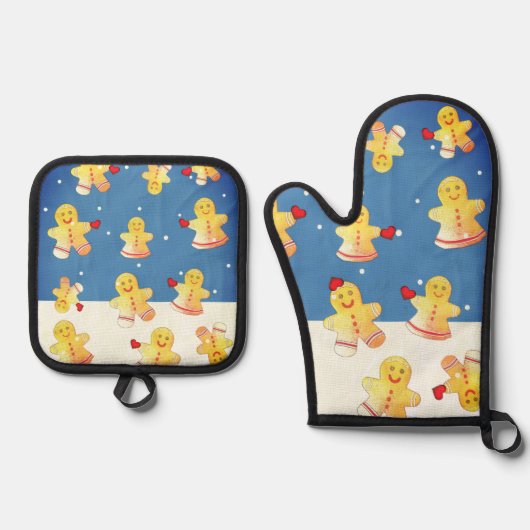 Sneeuwende peperkoek ovenwant & pannenlap set (Voorkant)