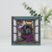 Sneeuwende puppy hond achter het raam feestdagenkaart (Staand voorkant)