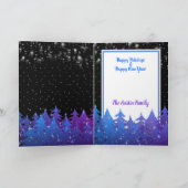 Sneeuwende sterrenhemel Mystieke blauwe paarse bos Feestdagen Kaart (Binnen)