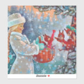 Sneeuwende Winter Kerst Schattige Meisje met Eekho Sticker (Vel)