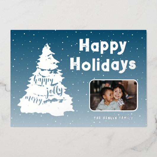 Sneeuwfamilie met kerstbomen - Silver Folie Feestdagenkaart (Voorkant)