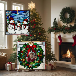 Sneeuwfamilie namaak glas-in-lood keramisch ornament