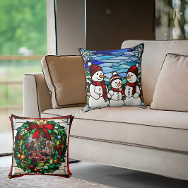 Sneeuwfamilie namaak glas-in-lood kussen