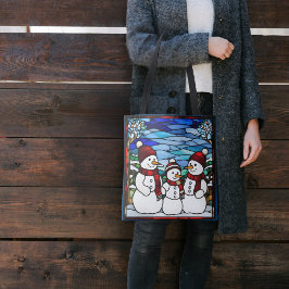 Sneeuwfamilie namaak glas in lood tote bag