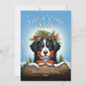 Sneeuwfeestelijke winterwensen Berner Sennenhond Feestdagenkaart (Voorkant)