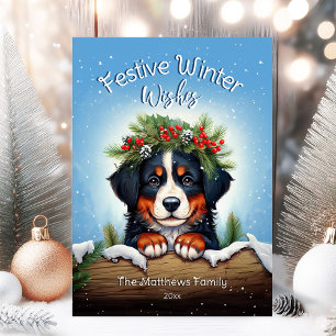 Sneeuwfeestelijke winterwensen Berner Sennenhond Feestdagenkaart