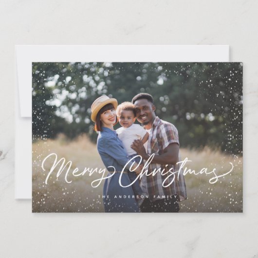 Sneeuwfoto met prettig kerstscript feestdagenkaart (Voorkant)