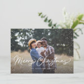 Sneeuwfoto met prettig kerstscript feestdagenkaart (Staand voorkant)