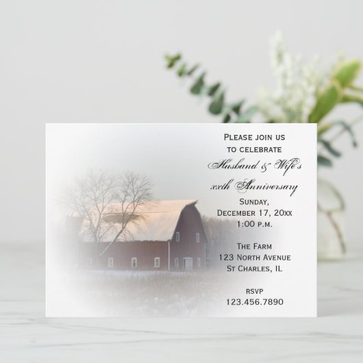 Sneeuwgedekte Barn Winter Jubileum Partij nodigt u Kaart (Staand voorkant)
