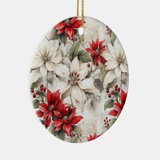 Sneeuwgekuste Elegance Wit en Rood Poinsettia Keramisch Ornament (Rechts)