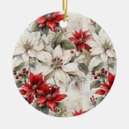 Sneeuwgekuste Elegance Wit en Rood Poinsettia Keramisch Ornament