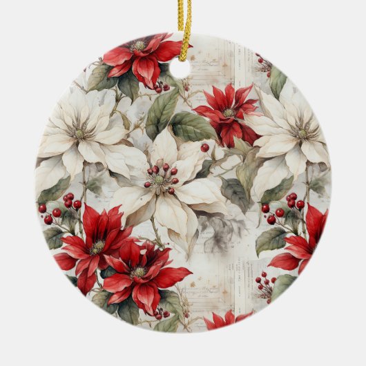 Sneeuwgekuste Elegance Wit en Rood Poinsettia Keramisch Ornament (Voorkant)