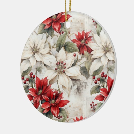 Sneeuwgekuste Elegance Wit en Rood Poinsettia Keramisch Ornament (Links)
