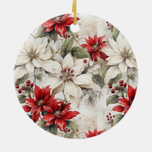 Sneeuwgekuste Elegance Wit en Rood Poinsettia Keramisch Ornament (Achterkant)