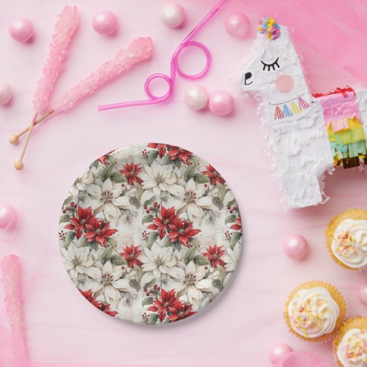 Sneeuwgekuste Elegance Wit en Rood Poinsettia Papieren Bordje (Feest)