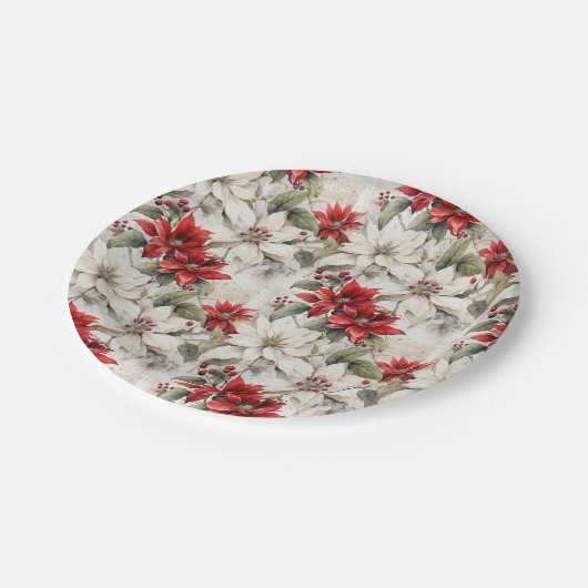Sneeuwgekuste Elegance Wit en Rood Poinsettia Papieren Bordje (Gekanteld)