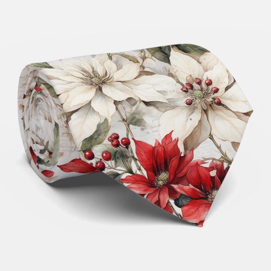 Sneeuwgekuste Elegance Wit en Rood Poinsettia Stropdas (Opgerold)
