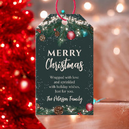 Sneeuwgroene kerstverlichting pijnbomen cadeaulabel