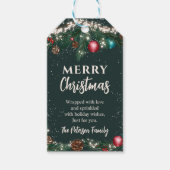 Sneeuwgroene kerstverlichting pijnbomen cadeaulabel (Voorkant)