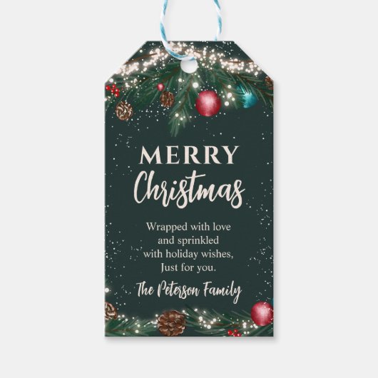 Sneeuwgroene kerstverlichting pijnbomen cadeaulabel (Voorkant)