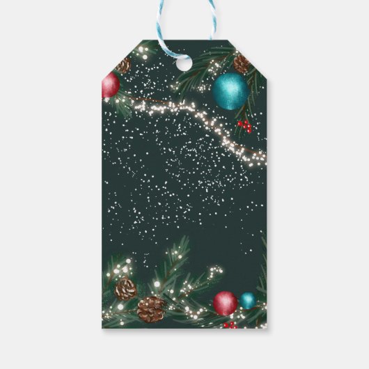 Sneeuwgroene kerstverlichting pijnbomen cadeaulabel (Achterkant)