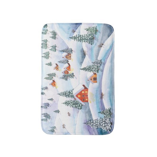 Sneeuwheuvels, huizen: waterverf landschap badmat (Voorkant Verticaal)