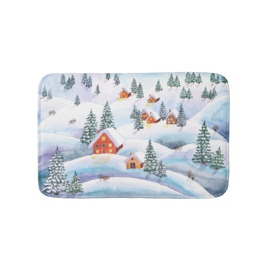 Sneeuwheuvels, huizen: waterverf landschap badmat (Voorkant)