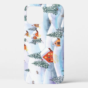 Sneeuwheuvels, huizen: waterverf landschap Case-Mate iPhone case