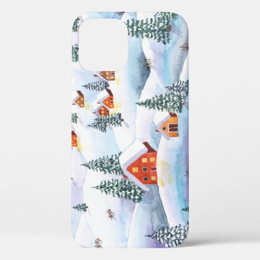 Sneeuwheuvels, huizen: waterverf landschap Case-Mate iPhone case (Achterkant)