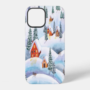 Sneeuwheuvels, huizen: waterverf landschap iPhone 12 hoesje